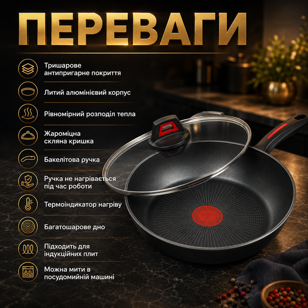 Сковорода Benson 28 см со стеклянной крышкой и трехслойным антипригарным покрытием - Фото 3 Сковорода Benson 28 см со стеклянной крышкой и трехслойным антипригарным покрытием - изображение 3