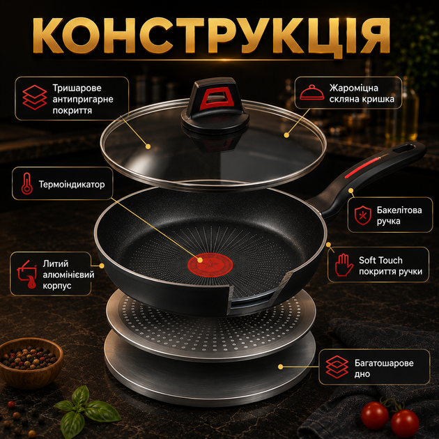 Сковорода Benson 28 см со стеклянной крышкой и трехслойным антипригарным покрытием - Фото 8 Сковорода Benson 28 см со стеклянной крышкой и трехслойным антипригарным покрытием - изображение 8