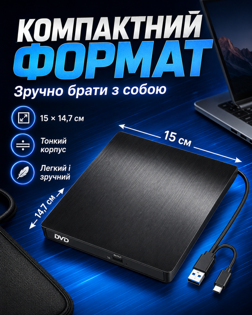Привід CD DVD зовнішній USB Type-C USB-A хаб з кардрідером microSD SD для ноутбука ПК комп'ютера читання запис дисків портативний дисковод для фільмів музики програм для дому роботи пристрій для дисків оптичний (101220) - зображення 3