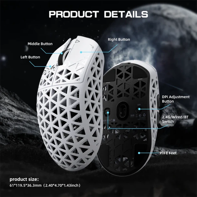 Игровая беспроводная мышка ATTACK SHARK R5 Ultra White (PAW3950MAX, 8000 Гц, 39 г, 2.4G/Bluetooth/USB-C) - Фото 8 Игровая беспроводная мышка ATTACK SHARK R5 Ultra White (PAW3950MAX, 8000 Гц, 39 г, 2.4G/Bluetooth/USB-C) - изображение 8