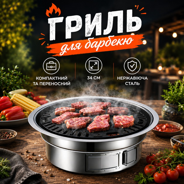 Портативна гриль-піч із нержавіючої сталі для барбекю 34 см Корейський вугільний гриль з антипригарним покриттям для м'яса та овочей, для відпочинку на природі - Фото 1 Портативна гриль-піч із нержавіючої сталі для барбекю 34 см Корейський вугільний гриль з антипригарним покриттям для м'яса та овочей, для відпочинку на природі - зображення 1