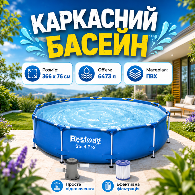 Круглий каркасний басейн для відпочинку на природі Bestway 366 x 76 cм для всієї родини, з фільтр-насосом, для дачі та дітей з ПВХ - Фото 1 Круглий каркасний басейн для відпочинку на природі Bestway 366 x 76 cм для всієї родини, з фільтр-насосом, для дачі та дітей з ПВХ - зображення 1