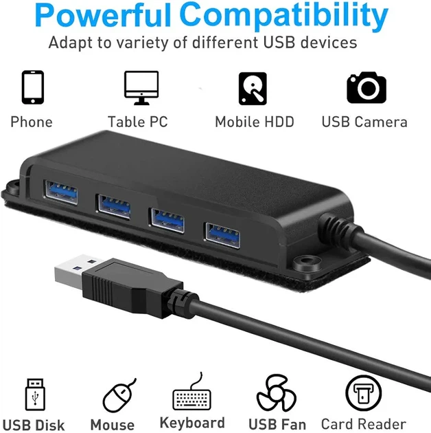 USB Хаб Rocketek 4 Порти USB 3.0 5 Гбіт/с | Концентратор з Кріпленням на Стіл | Кабель 1 м | Для ПК, Ноутбука, PS5 - зображення 2