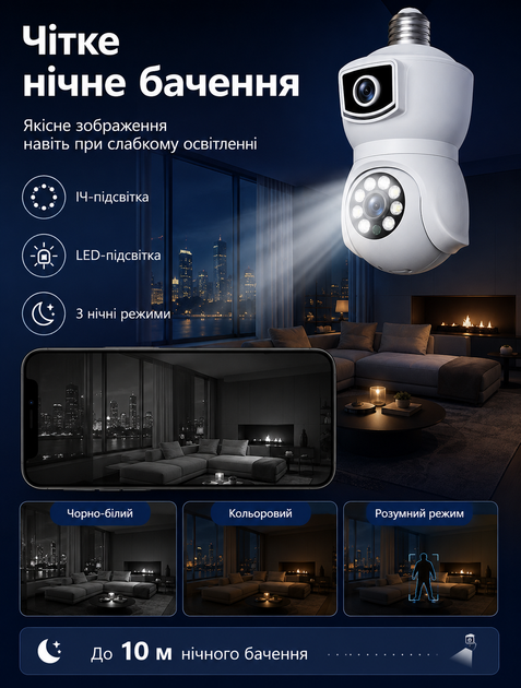 Камера видеонаблюдения Wi-Fi в патрон Е27 PTZ-Bulb 2MP двойная IP-камера с удаленным доступом и LED-подсветкой - изображение 6