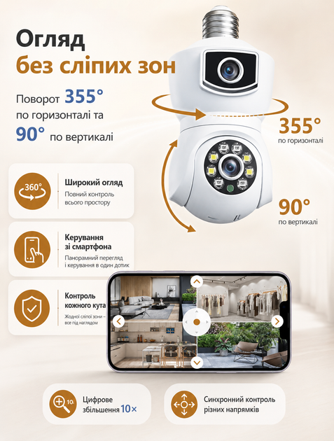 Камера видеонаблюдения Wi-Fi в патрон Е27 PTZ-Bulb 2MP двойная IP-камера с удаленным доступом и LED-подсветкой - изображение 8