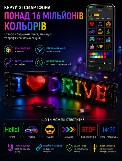 Гибкий LED экран для авто с WiFi и управлением через приложение RGB 192x1330 мм 32x224 светодиодов - изображение 4