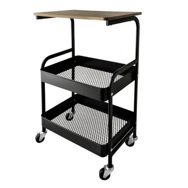 Етажерка на колесах 3 яруси 43×30×77 см чорна M50287-BL, металева тележка-органайзер з полицями та стільницею під дерево - изображение 13