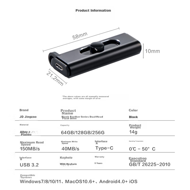 Оригінальний флеш-накопичувач JD Dual-Head USB 3.2 USB-A/C високошвидкісний, 256 ГБ, швидкість читання до 150 МБ/с, компактний портативний металевий USB-накопичувач для телефонів та планшетів IPhone15 - зображення 9