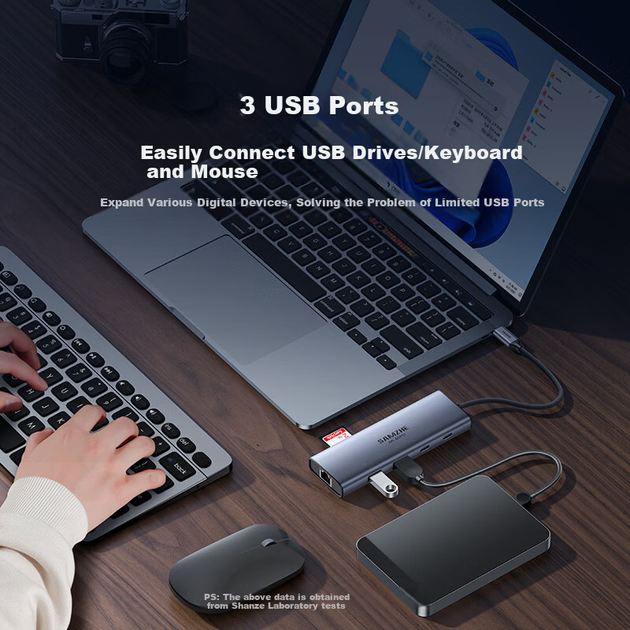 Док-станция Sanze Type-C с HDMI-адаптером, поддержкой расширения 4K60Hz, зеркальным отображением экрана, гигабитным Ethernet, устройством чтения SD-карт и USB 3.0 для MacBook, ноутбука и iPad, многопортовая (DKK9) - Фото 3 Док-станция Sanze Type-C с HDMI-адаптером, поддержкой расширения 4K60Hz, зеркальным отображением экрана, гигабитным Ethernet, устройством чтения SD-карт и USB 3.0 для MacBook, ноутбука и iPad, многопортовая (DKK9) - изображение 3