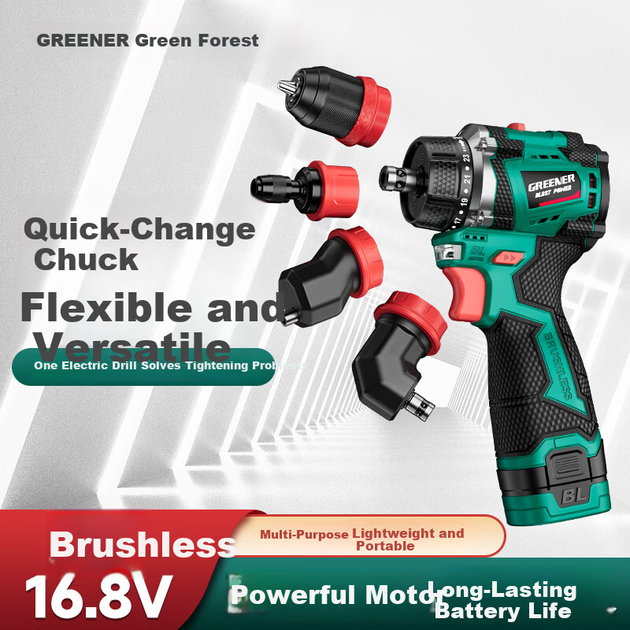 Greenlin Міні-дриль зі змінною головкою, безщітковий 16,8 В, акумуляторний дриль 4-в-1 з літієвим акумулятором, швидкозмінний патрон, побутовий потужний ручний дриль - зображення 5