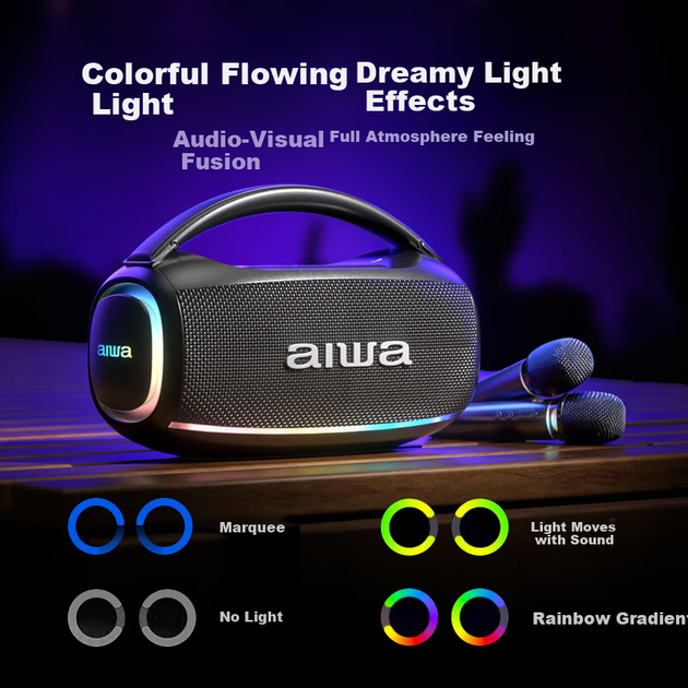 Портативная портативная колонка Aiwa AH-22 [Xiaodu AI Voice] для караоке, вечеринок и вечеринок, с поддержкой Bluetooth, RGB-подсветкой, а также двумя микрофонами. Идеальный подарок на Новый год. - зображення 5