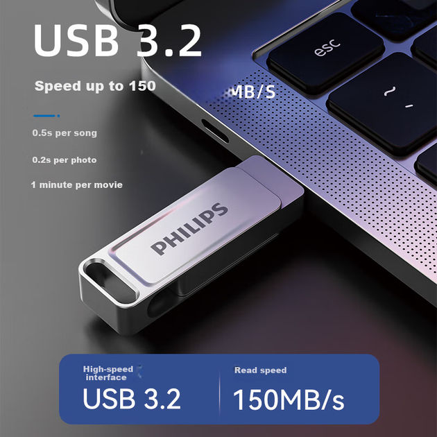 Флеш-накопичувач PHILIPS 256 ГБ Type-C USB 3.2 з двома інтерфейсами для телефону, 61UT-F сріблястого кольору, високошвидкісний USB-накопичувач подвійного призначення з двома головками, сумісний з Android, Apple та ноутбуками - изображение 4