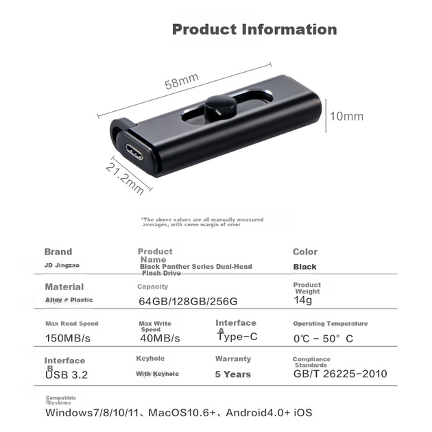 Оригинальный высокоскоростной USB-накопитель JD USB 3.2 с двумя головками, 128 ГБ, скорость чтения до 150 МБ/с, компактный портативный USB-накопитель в металлическом корпусе. - изображение 7