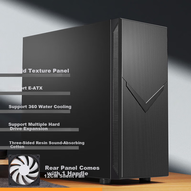Настільний комп'ютер SAMA Black Hole 7 Max Black, тихий корпус для офісу, тристороннє звукопоглинання/шумопоглинання, материнська плата E-ATX, два 360-міліметрові роз'єми для водяного охолодження, підтримка відеокарт серії 50 - изображение 5