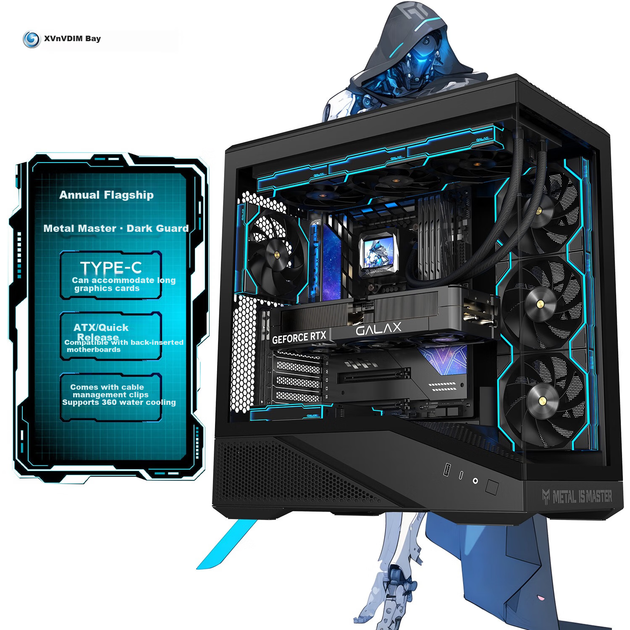 Ігровий корпус для комп'ютера Yingchi Metal Master Dark Knight (ATX, підтримує водяне охолодження 360 мм, швидке розбирання, вид верхнього та нижнього відсіків, TYPE-C, коробка для деталей, органайзер для кабелів) - изображение 4