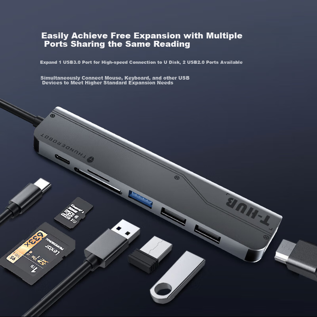Док-станция расширения ThunderRobot Type-C, высокоскоростной USB 3.0-концентратор, расширитель интерфейса Thunderbolt HDMI 4K60Hz, совместимая с ноутбуками Apple Mac и Huawei, конвертер для iPad. - изображение 5
