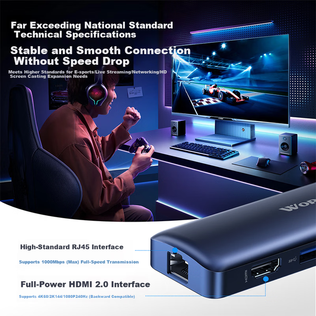 Док-станція Wopul Type-C для Gigabit Ethernet, USB-C, концентратор HDMI, адаптер 4K60Hz RJ45, мережевий кабель-конвертер для Huawei Apple MacBook - Фото 7 Док-станція Wopul Type-C для Gigabit Ethernet, USB-C, концентратор HDMI, адаптер 4K60Hz RJ45, мережевий кабель-конвертер для Huawei Apple MacBook - изображение 7