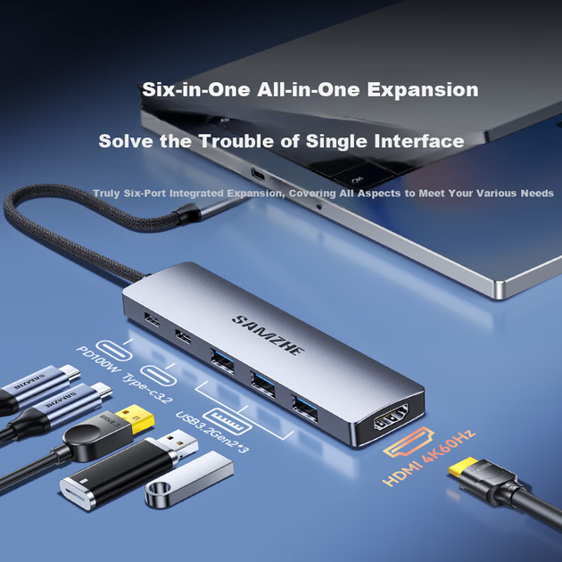 Док-станція Sanze Type-C USB 3.2 високошвидкісна розширювальна док-станція 4K60Hz Thunderbolt HDMI HD інтерфейсний адаптер для Apple MacBook конвертер DKK6-S - Фото 5 Док-станція Sanze Type-C USB 3.2 високошвидкісна розширювальна док-станція 4K60Hz Thunderbolt HDMI HD інтерфейсний адаптер для Apple MacBook конвертер DKK6-S - изображение 5