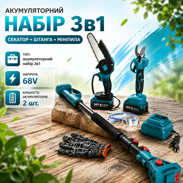Аккумуляторный набор 3 в 1 (секатор + телескопическая ручка + мини-пила 68 В) - Фото 2 Аккумуляторный набор 3 в 1 (секатор + телескопическая ручка + мини-пила 68 В) - изображение 2
