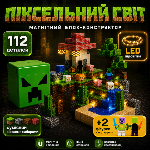 Конструктор магнітний піксельний 112 деталей • LED-підсвітка • +2 фігурки • блоковий 3D світ - Фото 5 Конструктор магнітний піксельний 112 деталей • LED-підсвітка • +2 фігурки • блоковий 3D світ - изображение 5