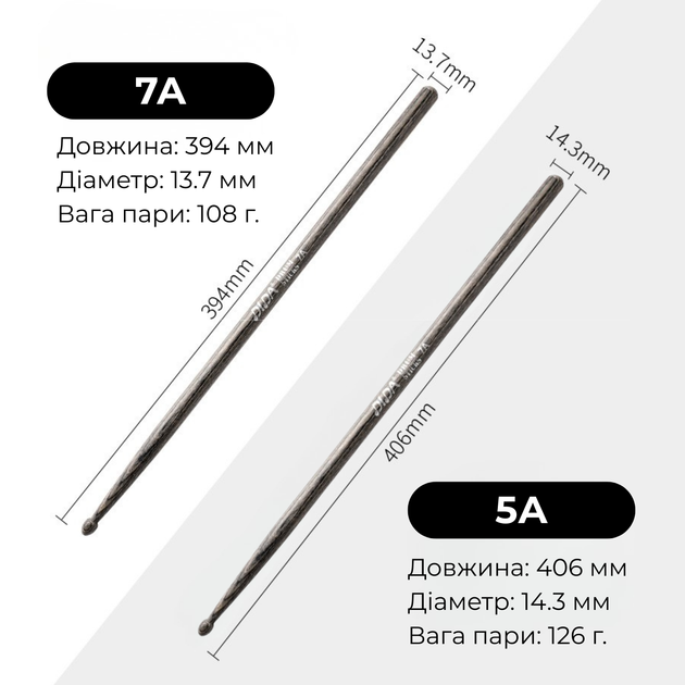 Барабанні палички DIDA 5A - ДУБ (1 пара) - зображення 5
