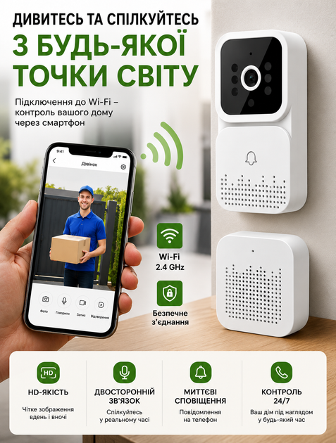 Бездротовий Wi-Fi дверний дзвінок з відеоспостереженням та керуванням через мобільний додаток TUYA до 150м - зображення 3