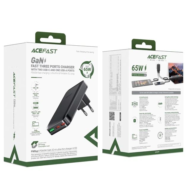 Зарядное устройство Acefast A100 65W GaN 2 USB-C + USB-A Black (6974316283492) - изображение 8