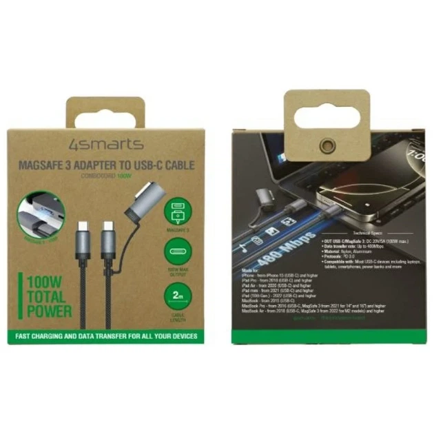 Kabel USB-C 4smarts Explorer ComboCord 100 W 2 m z adapterem MagSafe Black (4252011910236) - obraz 6