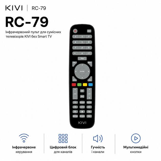 Пульт инфракрасный для ТВ KIVI RC-79 2xААА Black (504Q3250129) - изображение 2
