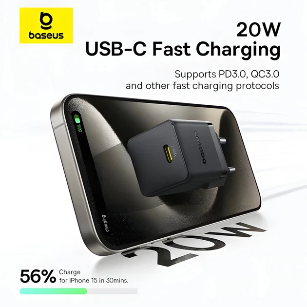 Мережевий зарядний пристрій Baseus Palm PD/FC 20W USB-C with USB-C to USB-C Cable 1 m Black (P10111602113-01) - Фото 7 Мережевий зарядний пристрій Baseus Palm PD/FC 20W USB-C with USB-C to USB-C Cable 1 m Black (P10111602113-01) - зображення 7
