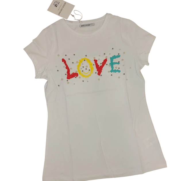 Футболка жіноча із принтом напис LOVE L XL біла Monte Cervino - Фото 1 Футболка жіноча із принтом напис LOVE L XL біла Monte Cervino - изображение 1