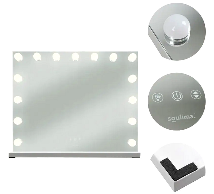 Косметическое зеркало LED 58x46 см с 15 лампочками для макияжа и ухода белое Soulima KT3224 - Фото 7 Косметическое зеркало LED 58x46 см с 15 лампочками для макияжа и ухода белое Soulima KT3224 - изображение 7