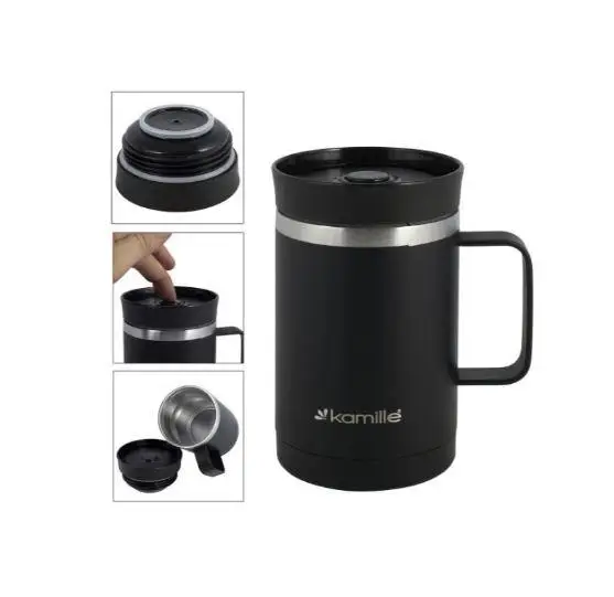 Термокружка Kamille KM-2159 360 мл из нержавеющей стали, soft-touch, с ручкой, черная - изображение 3