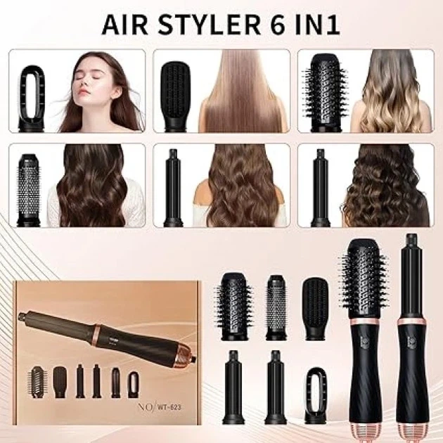Фен-щетка Airstyler WT-623 6 в 1, 1000 Вт, мультистайлер для укладки волос с 6 насадками, керамика турмалин, ионизация - изображение 2
