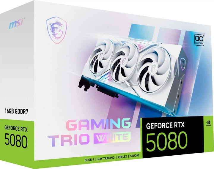 Відеокарта MSI PCI-Ex GeForce RTX 5080 GAMING TRIO OC WHITE 16GB GDDR7 (256bit) (2715/30000) (HDMI, 3 x DisplayPort) (RTX 5080 16G GAMING TRIO OC WHITE) - Фото 2 Відеокарта MSI PCI-Ex GeForce RTX 5080 GAMING TRIO OC WHITE 16GB GDDR7 (256bit) (2715/30000) (HDMI, 3 x DisplayPort) (RTX 5080 16G GAMING TRIO OC WHITE) - изображение 2