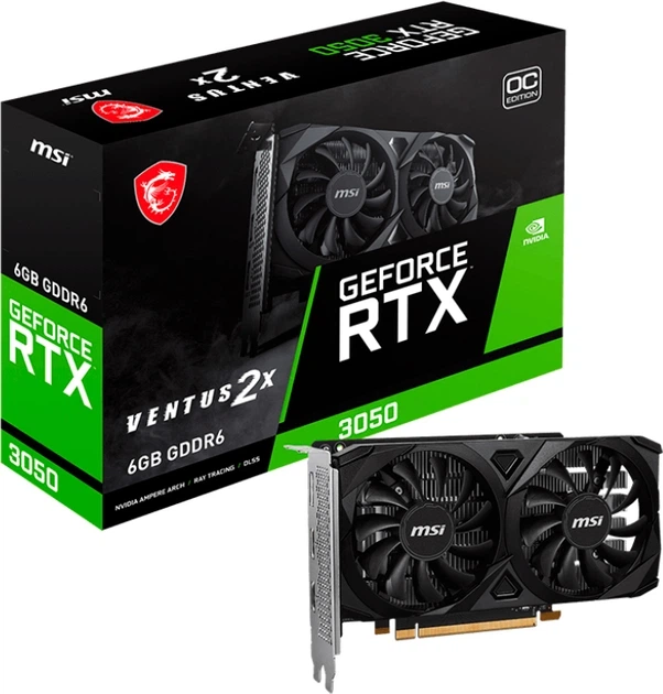 Відеокарта MSI PCI-Ex GeForce RTX 3050 Ventus 2X E 6G OC 6GB GDDR6 (96bit) (1492/14000) (2 x HDMI, DisplayPort) (GeForce RTX 3050 VENTUS 2X E 6G OC) - Фото 2 Відеокарта MSI PCI-Ex GeForce RTX 3050 Ventus 2X E 6G OC 6GB GDDR6 (96bit) (1492/14000) (2 x HDMI, DisplayPort) (GeForce RTX 3050 VENTUS 2X E 6G OC) - изображение 2