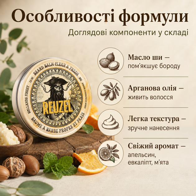 Бальзам для бороды Reuzel Clean&Fresh Beard Balm 35 г увлажнение, смягчение, легкая фиксация и свежий аромат апельсина, эвкалипта - изображение 2