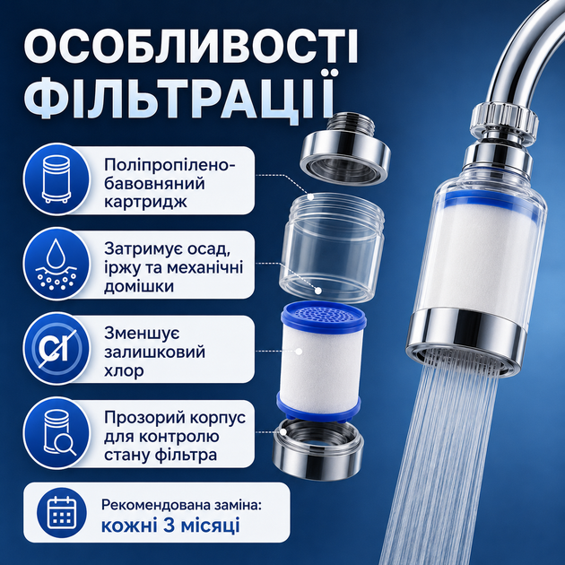 Проточный фильтр-насадка на кран PurifTap с 3 картриджами, поворотный фильтр-аэратор 360° для очистки воды на кухню, ванную и дачу - изображение 3