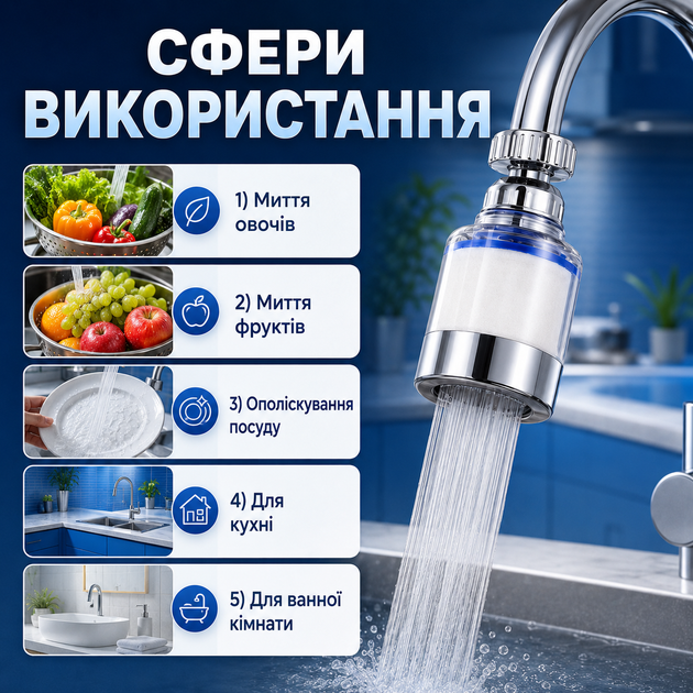 Проточный фильтр-насадка на кран PurifTap с 3 картриджами, поворотный фильтр-аэратор 360° для очистки воды на кухню, ванную и дачу - изображение 4