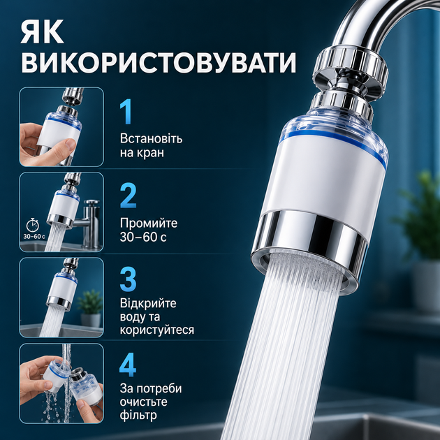 Фильтр-насадка на кран для очистки воды, проточный поворотный фильтр-аэратор для смесителя на кухню, ванную и дачу - изображение 3