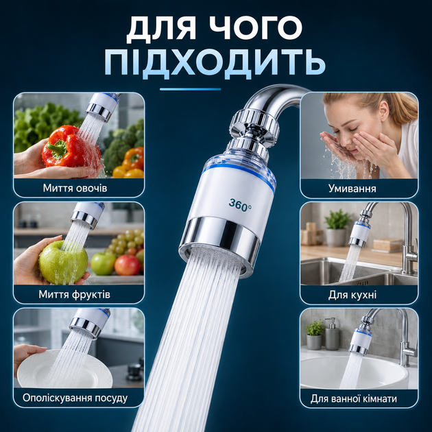 Фильтр-насадка на кран для очистки воды, проточный поворотный фильтр-аэратор для смесителя на кухню, ванную и дачу - изображение 4