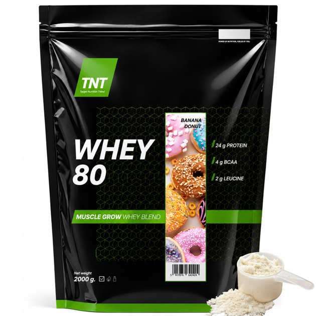 Сывороточный протеин для похудения TNT Nutrition Whey 80% 2 кг Банановый пончик - Фото 1 Сывороточный протеин для похудения TNT Nutrition Whey 80% 2 кг Банановый пончик - изображение 1
