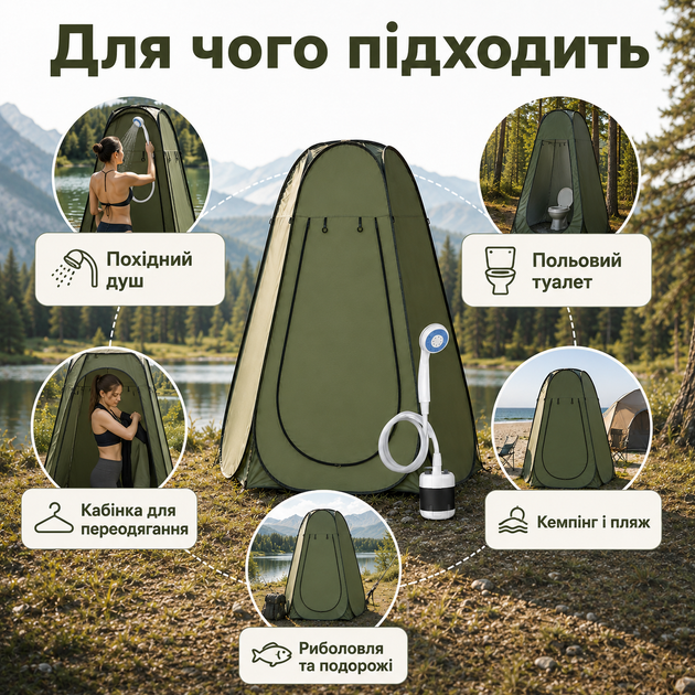 Намет душ-туалет автоматичний 190х120х120 см оливковий з туристичним душем Gotel Q16, кемпінгова кабінка для душу та туалету - зображення 4