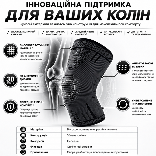 Наколенник компрессионный Vilico AB080 размер M 1 шт, черный, для фитнеса, бега и ежедневной стабилизации колена - изображение 6