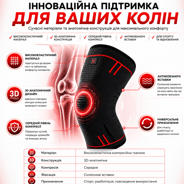 Наколенник Vilico 080, эластичный бандаж на колено для бега, фитнеса и поддержки коленного сустава, красный, размер L, 1 шт. - изображение 6