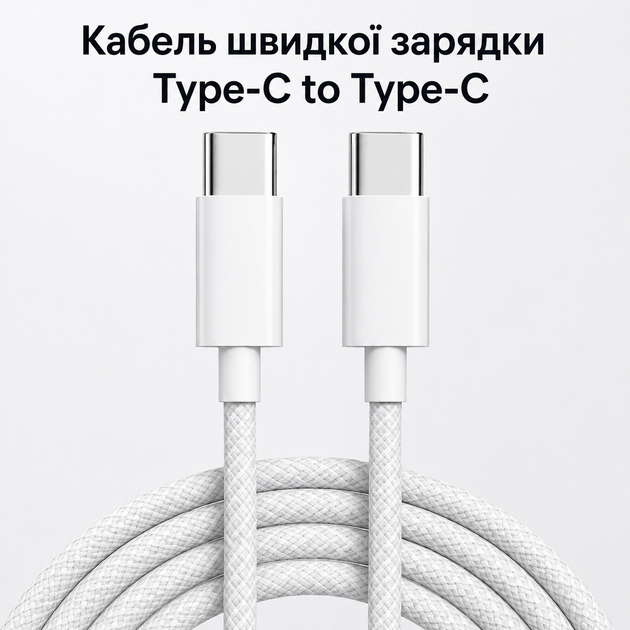 Кабель швидкої зарядки Type-C to Type-C 1 м USB-C плетений, Шнур для зарядки смартфона, планшета, ноутбука, навушників, павербанка - зображення 2