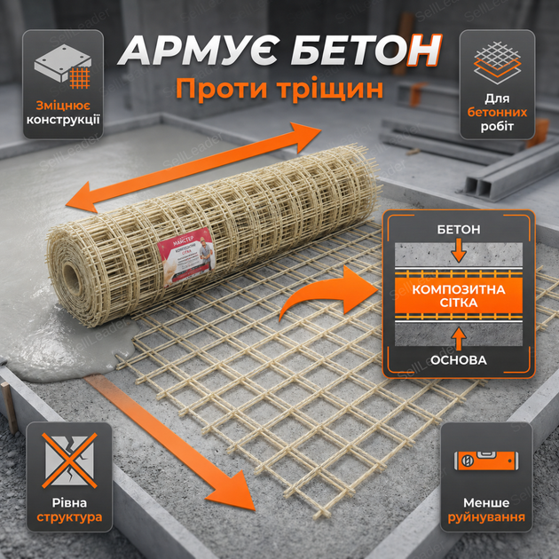 Сітка композитна Майстер 1х50м комірка 50х50мм армосітка діаметр 3мм для стяжки фундаменту будови рулон - зображення 2