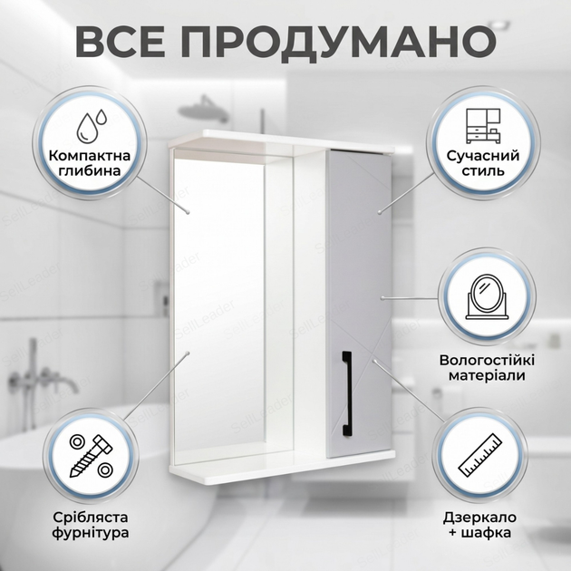 Зеркальный шкаф Велла 60х72х18см для ванной косметики правое открывание настенный зеркало с полкой серый - изображение 2