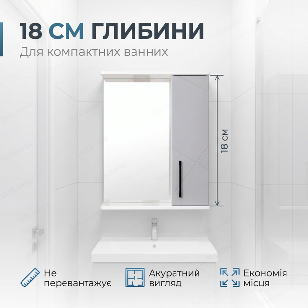 Зеркальный шкаф Велла 60х72х18см для ванной косметики правое открывание настенный зеркало с полкой серый - изображение 6