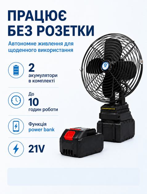 Вентилятор настольный аккумуляторный Megatop 8" 21V с двумя АКБ и функцией Powerbank - Фото 3 Вентилятор настольный аккумуляторный Megatop 8" 21V с двумя АКБ и функцией Powerbank - изображение 3